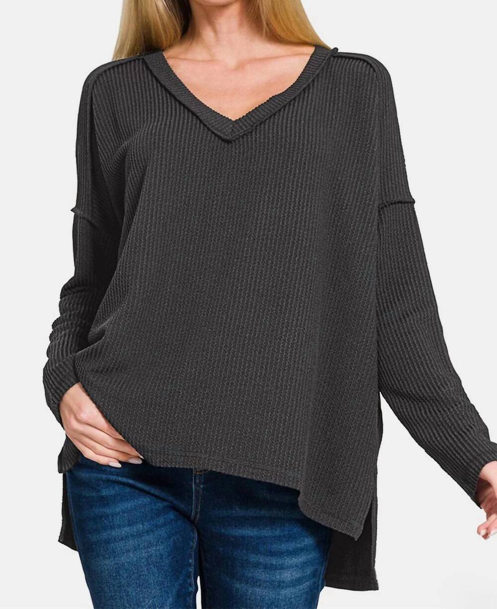 NEW ZENANA ribbed top v-neck drop shoulder top in black